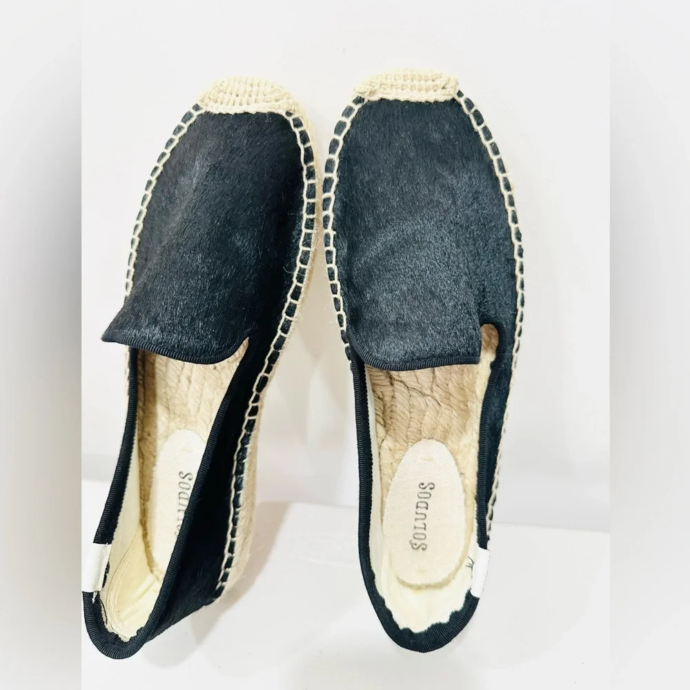 Soludos Leather Espadrille Platform Smoking Slipper Flat Size 8M‎ Black
